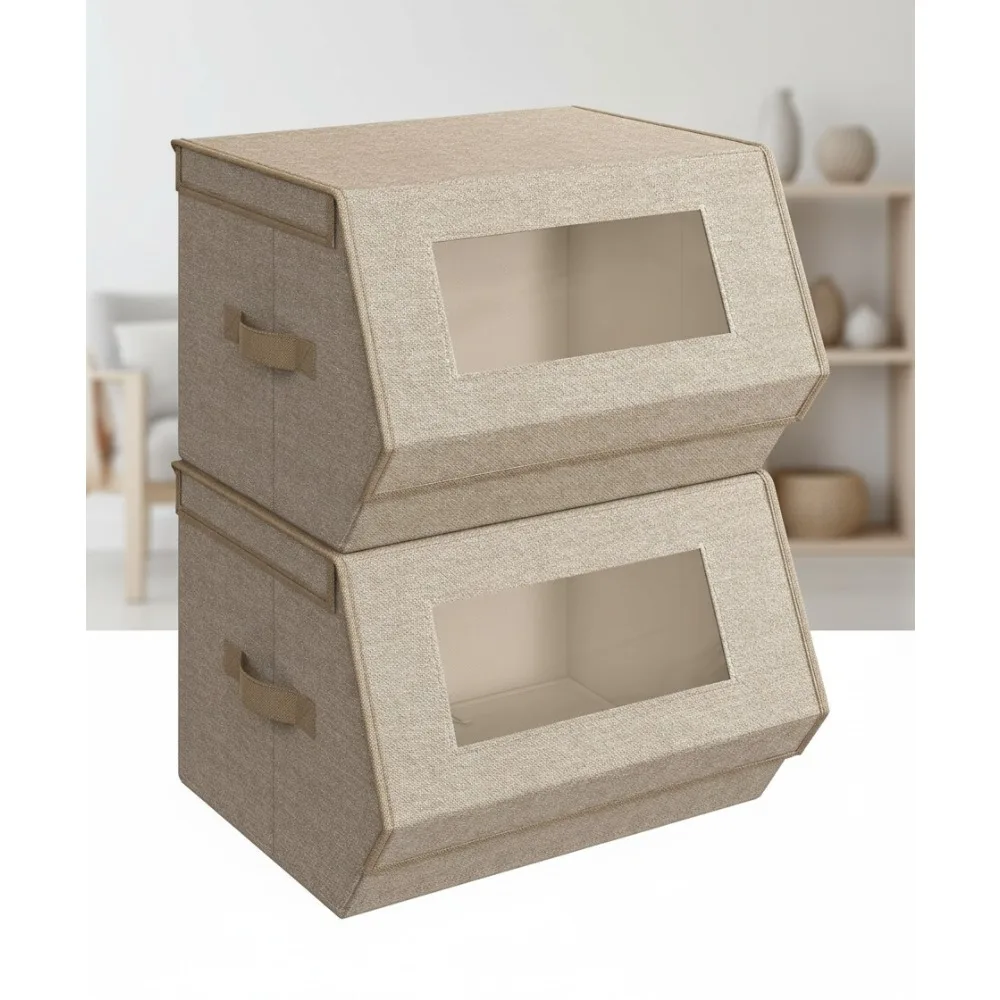 

Штабелируемые контейнеры для хранения из 2 штук с крышками и передними окнами, органайзеры для тканевых шкафов с магнитными застежками, боковые ручки