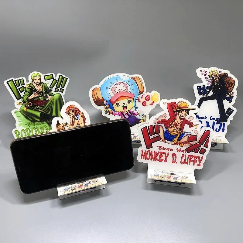 Anime uma peça suportes de telefone criatividade luffy zoro acrílico sinais de pé ornamento nami figura telefone tv stands acessórios