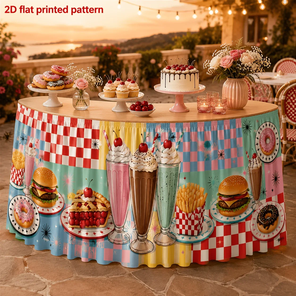 One tablecloth table skirt - Polyester retro restaurant food print table skirt - French fries pattern retro 1950s stylexzj