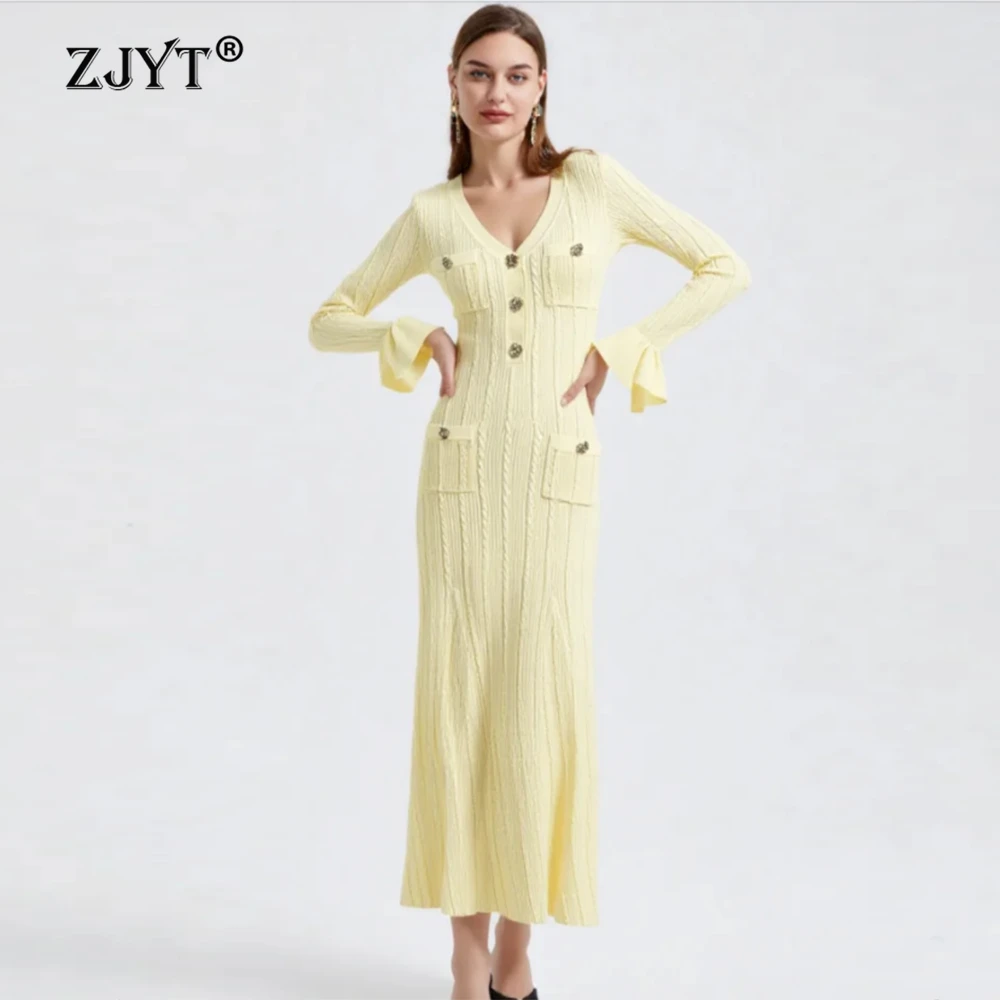 

ZJYT Elegant Long Knit Sweaters Womens Dress Flare Sleeve V Neck Yellow Mermaid Party Dresses Spring 2026 New Fashion Ladies
