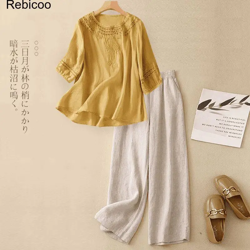 Women's Cotton Linen Embroidered Top and Wide Leg Pants Set, Loose Fit 3/4 Sleeve Blouse with Elastic Waist Trousers for Summer