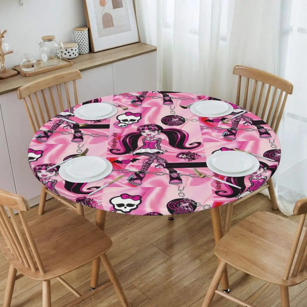 Monsters High Anime Tablecloth Round Elastic Oilproof Gothic Pink Dolls Table Cloth Cover for Party