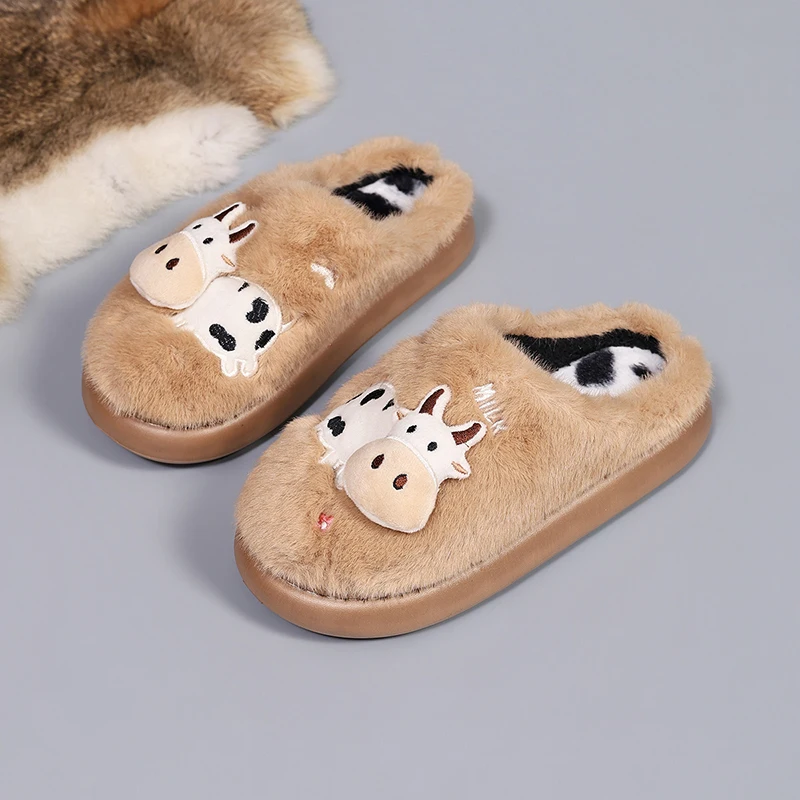 3D-Kuh-Plüsch-Hausschuhe für Damen, warme, flauschige Mules für den Winter, Mädchen-Freizeit-Hausschuhe, flauschige Fell-Slides, Unisex, weiche Plateausohle – Detail 25