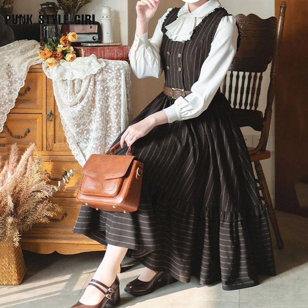 فستان لوليتا عتيق أنيق JSK بدون أكمام لوليتا حلو متوسط الطول مزدوج الصدر مخطط مطبوع فساتين حفلات مكشكشة مرقعة