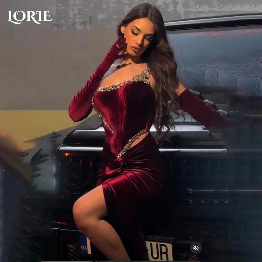 

LORIE Burgundy Mini Mermaid Evening Dresses Shiny Sparkly Velvet Backless Arabia Prom Dresses Sexy Saudi Ball Gown Customized