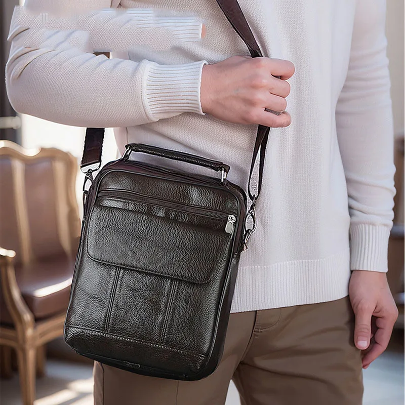 Genuine Leather Men Shoulder Bag Messenger Bag Casual Zipper Pocket Handbag Fashion Tote Travel Male Business Man Crossbody Bag