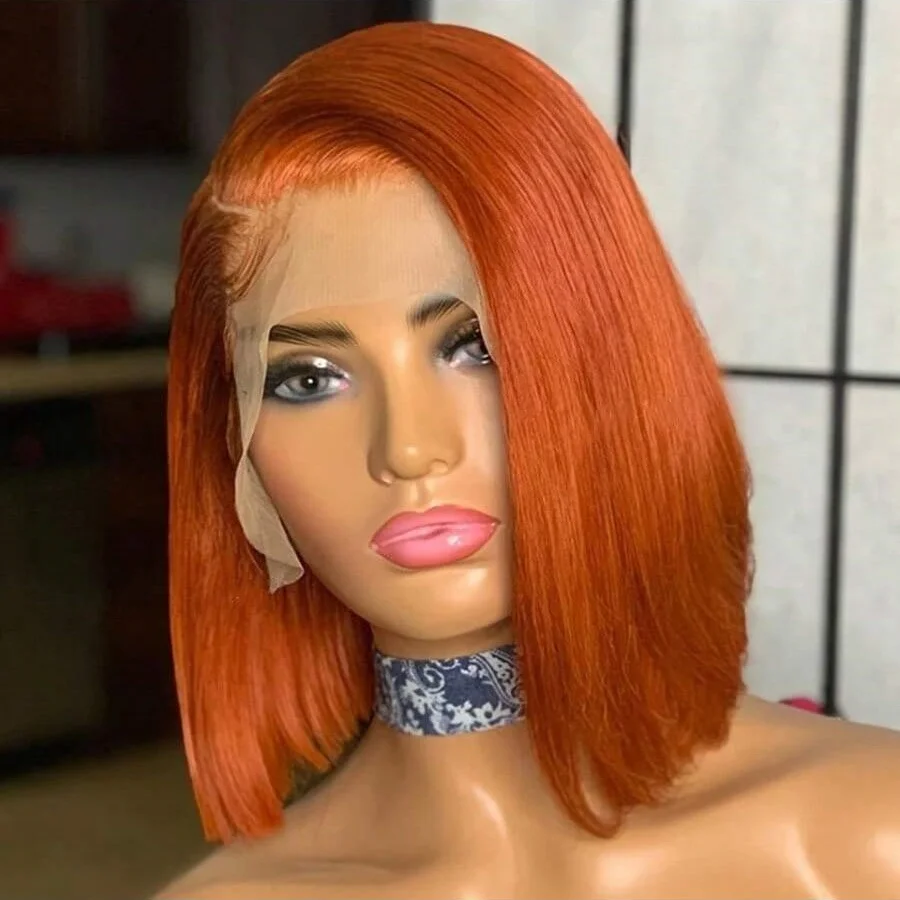 200% الزنجبيل البرتقالي قصير مستقيم بوب شعر مستعار شعر الإنسان 13x4 الدانتيل الشفاف الباروكات الأمامية قبل قطعها مع شعر الطفل للنساء #2
