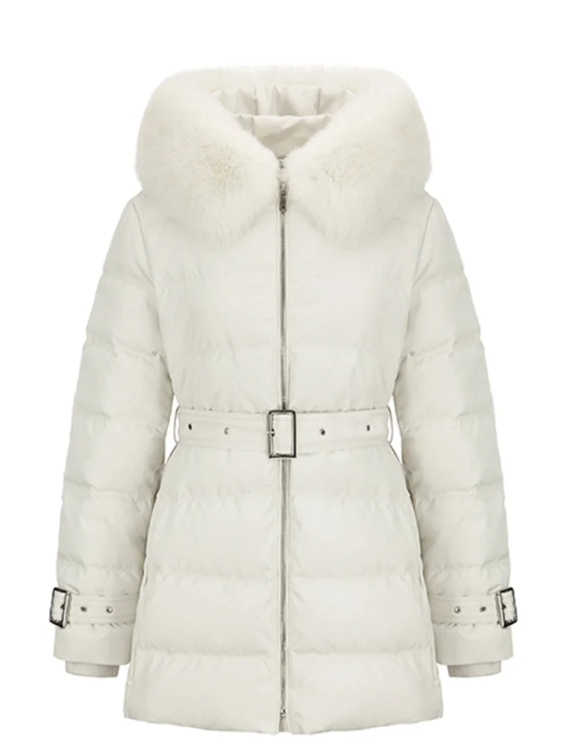 Women's Thiened White Du down Jaet 2023 New Korean Sle Waist-Cinching Faion Large Fur Collar Outerwear