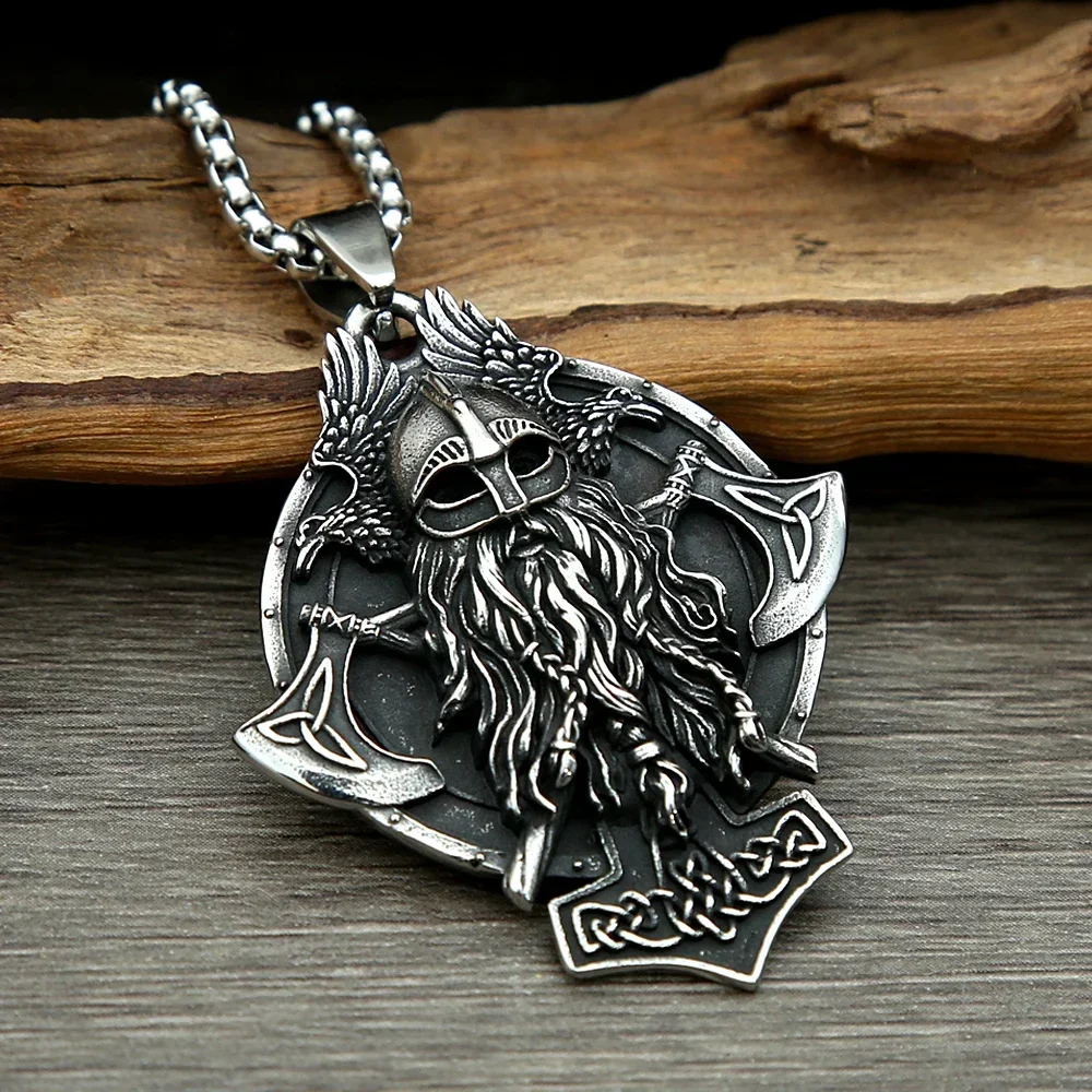 Nordic Warrior Pendant For Men Stainless Steel Celtic Knot Necklace Double Axe Odin Raven Amulet Jewelry Gifts Dropshipping