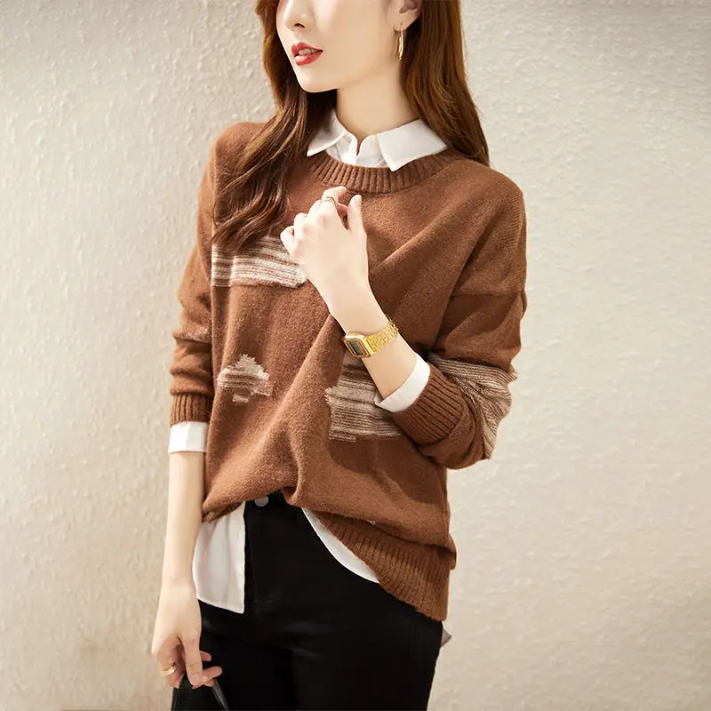 

Новый женский свободный свитер с круглым вырезом на осень-зиму, модный повседневный и универсальный вязаный свитер с длинными рукавами