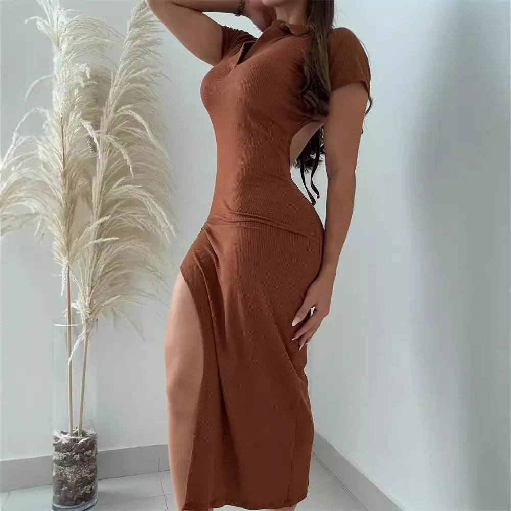 V-Neck Collared Ribbed Tied-back Midi Dress Women Backless Sexy Solid Color Long Slim Dress