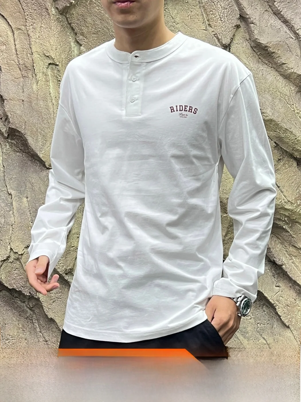 American Casual Style 100% Cotton Washed Skin-friendly Comfortable Men's Henry Collar Long Sleeve T-shirt Base Shirt Trendy