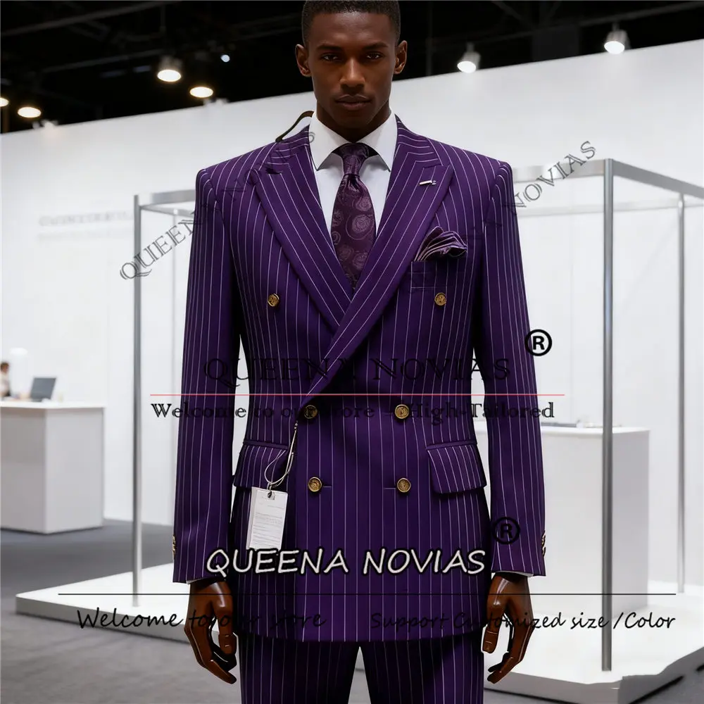 クラシックな縦縞柄の新郎用ウェディングスーツ、2ピースセット、ダブルブレストジャケットとパンツ、カスタムメイドの男性用エレガントなスーツ