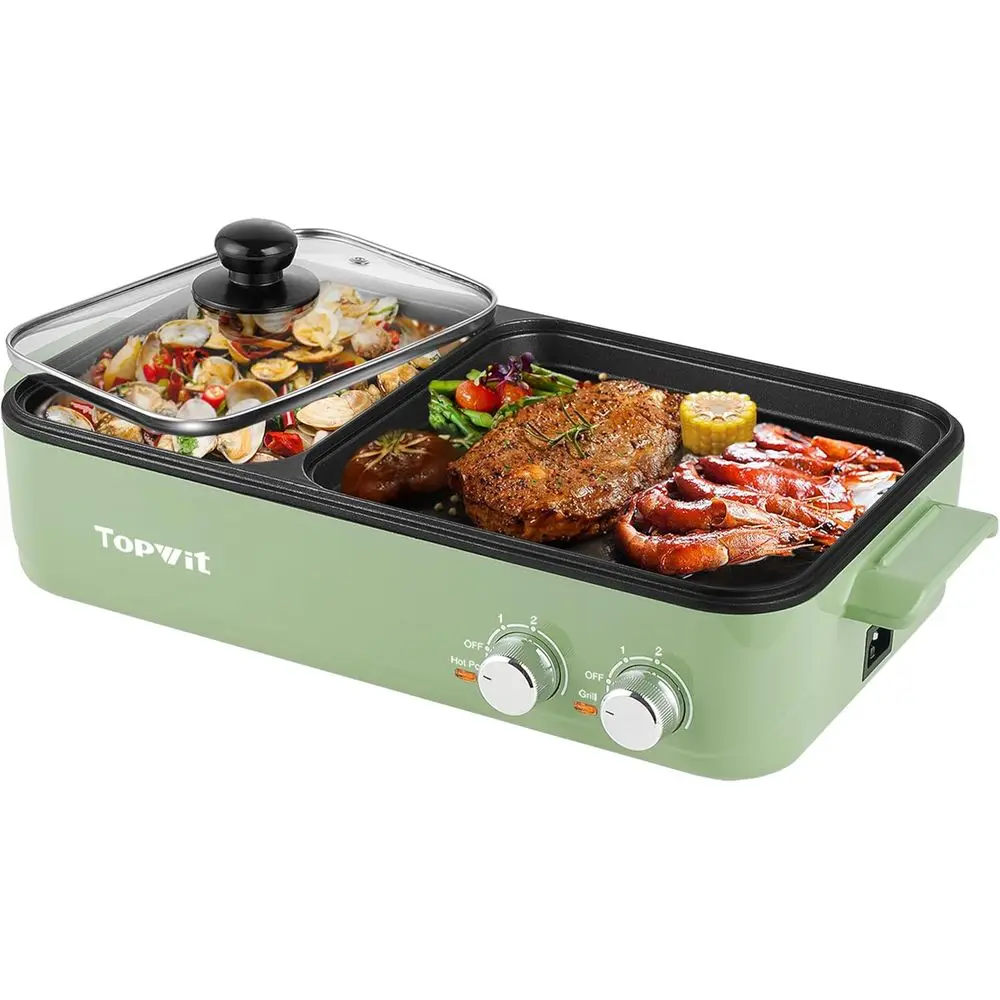 

2-in-1 Indoor Non-Stick Electric Pot & Griddle for Hot Pot, Grilling, and Cooking with Independent Temperature Controls