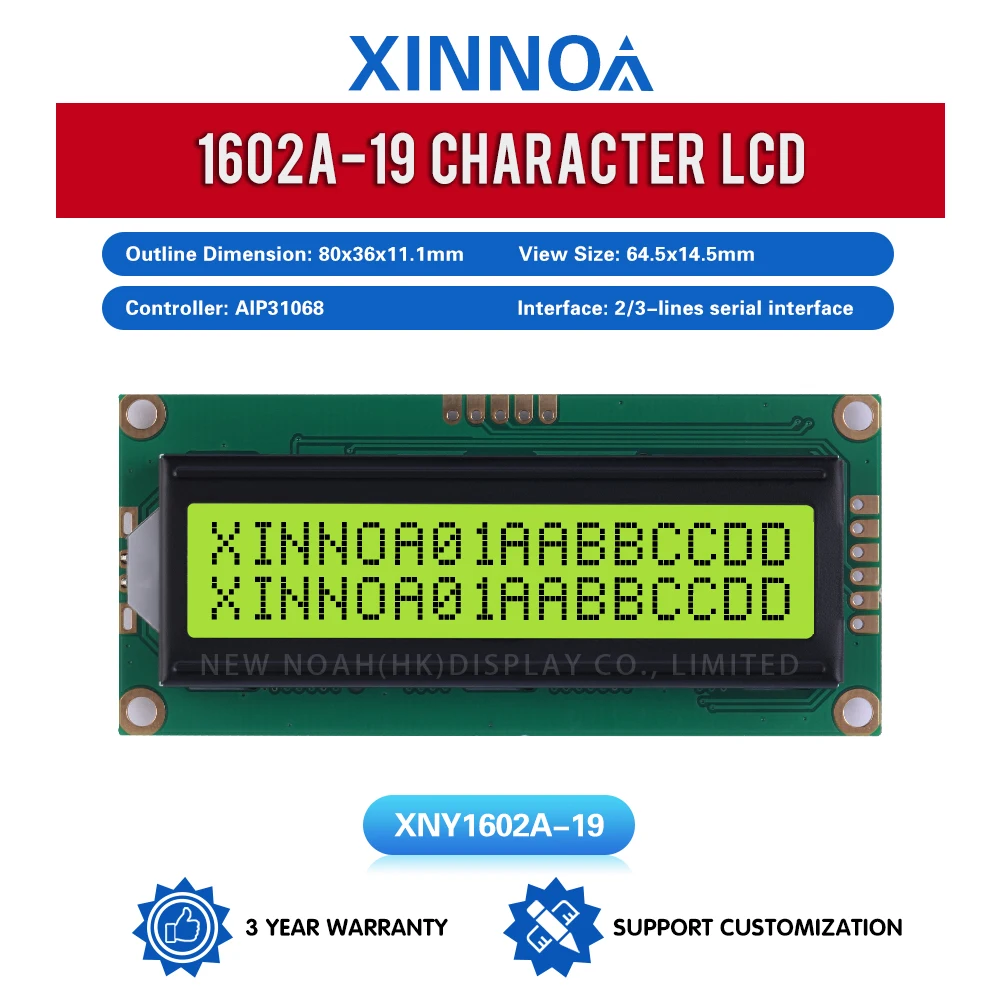 옐로우 그린 필름 지지대 방식 개발 IIC, I2C 직렬 포트 화면, 1602A-19 문자 LCD 화면, 02*16 LCD, 80*36*11.1mm