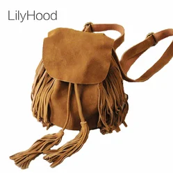 Women Small Genuine Leather Suede Feminine Backpack Bohemian Boho Chic Ibiza Mini Bucket Fringe Brown Rucksack Bags