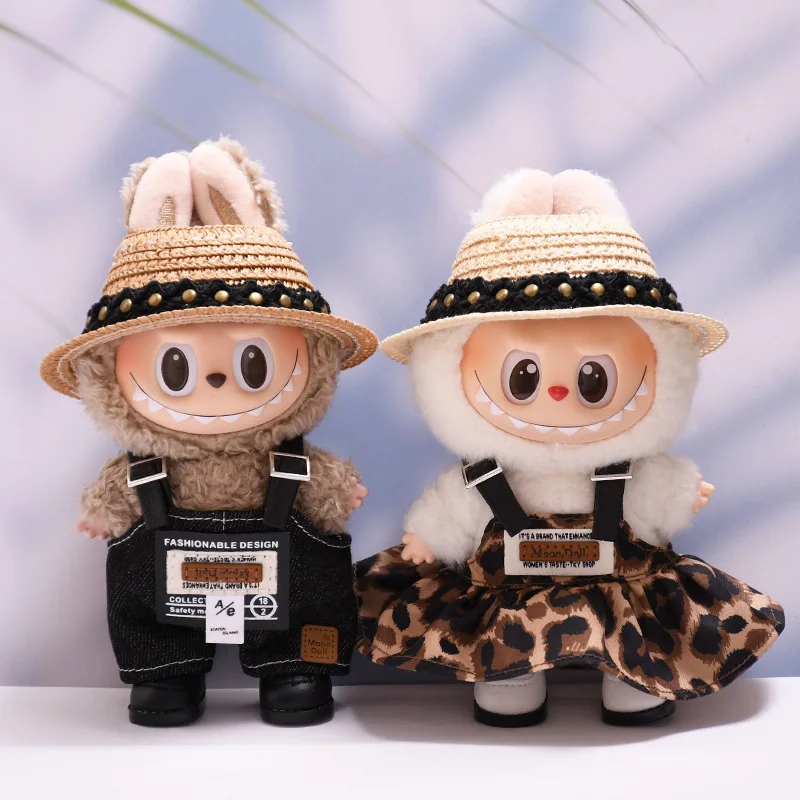 

For 17cm Labubu Doll Clothes Fashion Leopard Print Dress Straw Hat Decoration Accessories Children's Toy Gift
