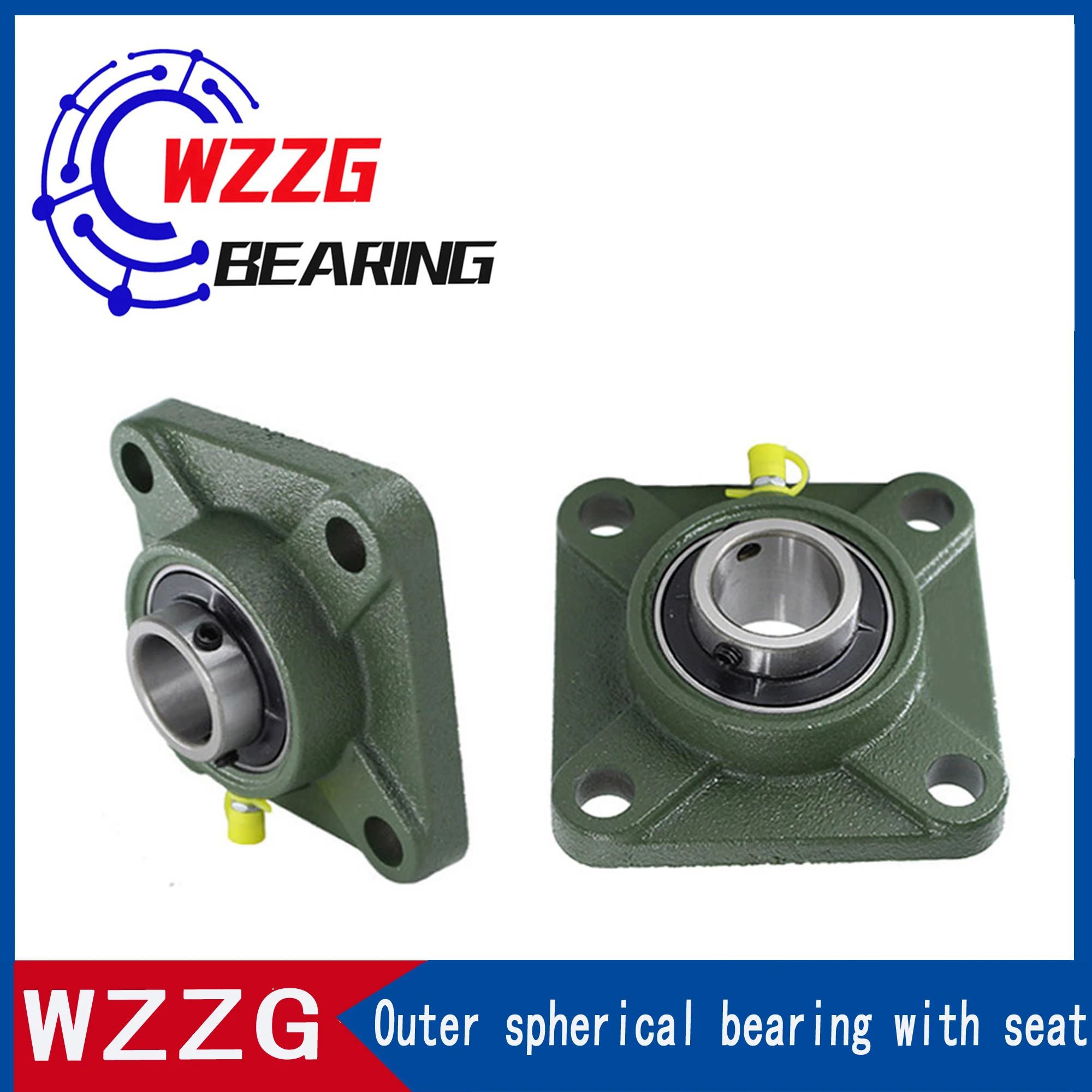 WZZG UCF206 Square Thickened Outer Spherical Bearing with Seat Housing 4 Bolt Mounted Bearing Bore Square Flange Pillow Block