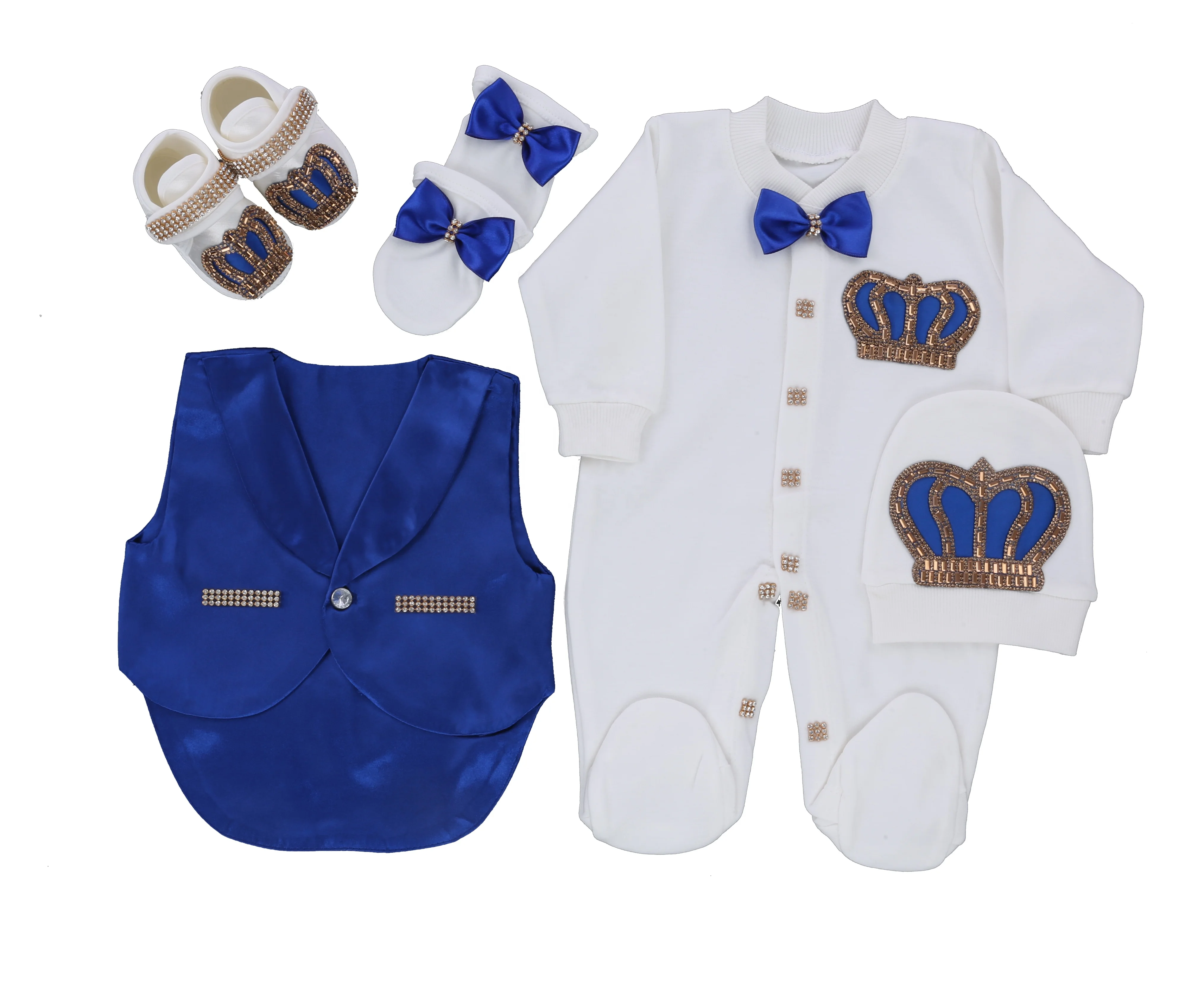 Dollbling 5 Pcs wholesale Custom Newborn New Design Modern Luxury Fabric Knitted High Quality Blue And Gold Baby Romper