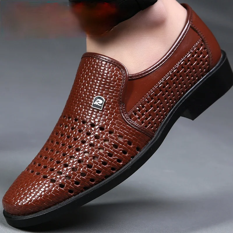 Men\'s PU Leather Shoes Hollow Sandals Summer Breathable Hole Shoes Men Slip-ons Casual Business Dress Shoes Zapatos De Hombre