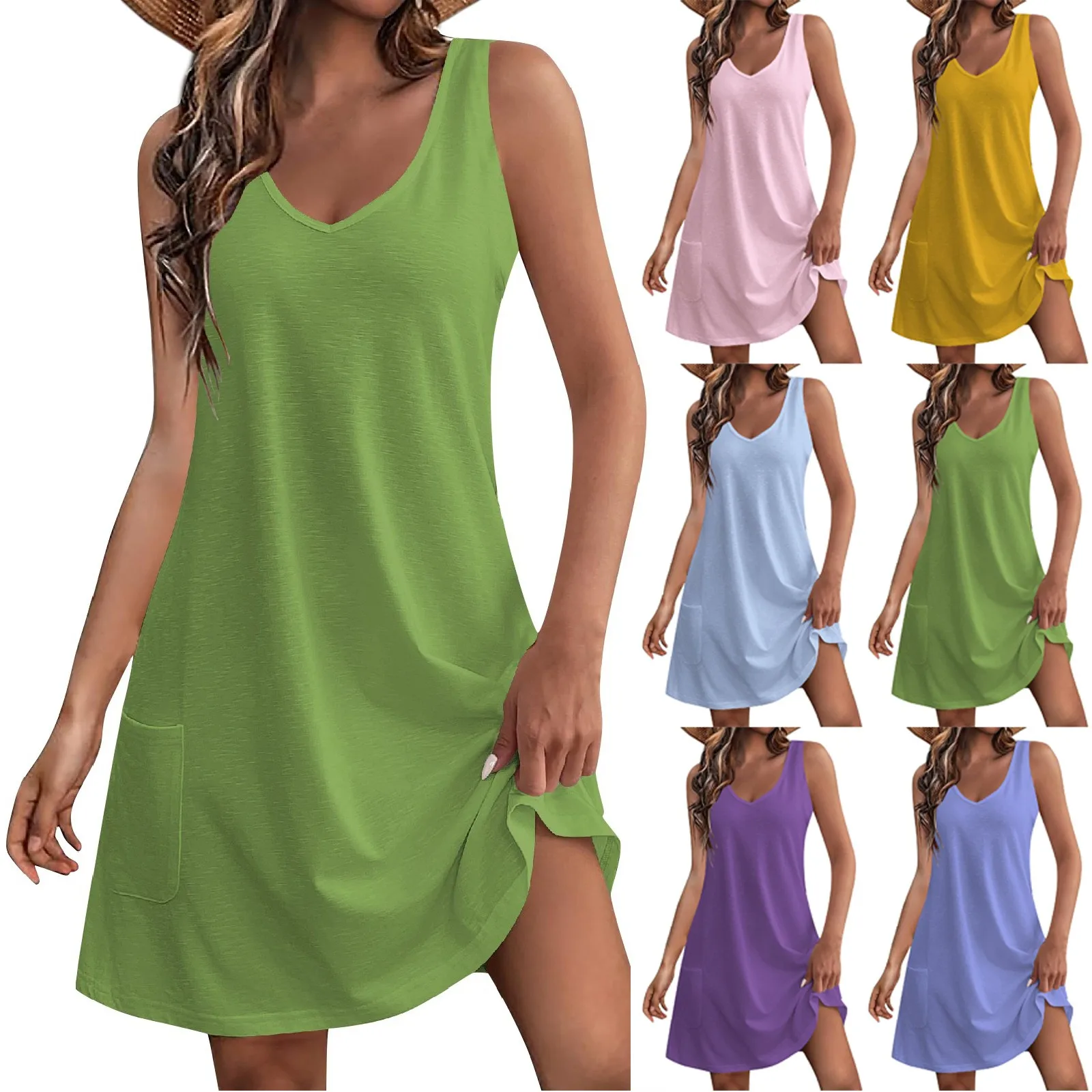 Ladies Bohemian Beach Resort Dress Fashionable Pocket Design V-Neck Dating Dress Leisure Camisole Loose Vest Sundress Vestidos