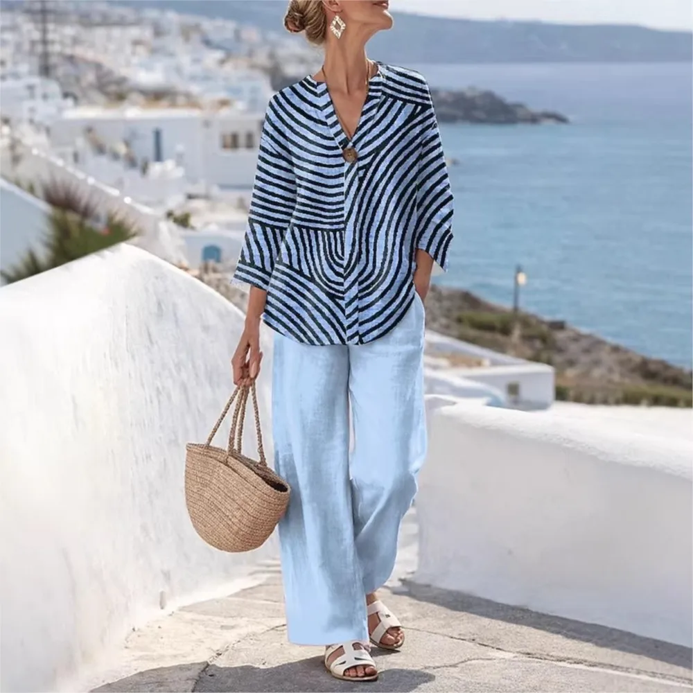 

Casual Summer Trousers Set Loose Fashionable Comfortable Resort Style Three-quarter Sleeve V-neck Top And Trousers Two-piece Set