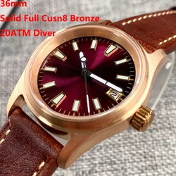 20ATM Diver 36mm Wine Red Dial NH35A Solid Full Cusn8 Bronze Automatic Men's Watch Sapphire Crystal Date Leather Strap Luminous