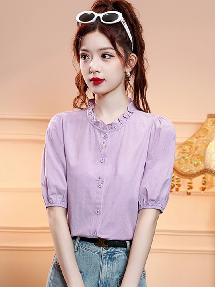 

Pure Cotton Embroidered irt Women's Stand Collar Flounce Sve Summer New Sle Versatile Faionable Small irt Korean S...