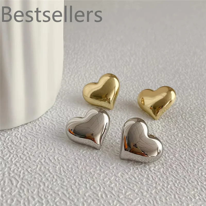 925 Silver Gold Metal Heart Stud Earrings for Women Simple Design Trendy Elegant Wedding Bride Jewelry Girl Gift