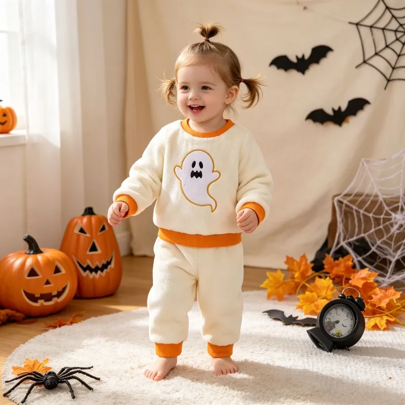 Newborn Infant Boys Girls Halloween Ghost Outfit White Sweatshirt And Pants Set With Orange Trim Cute Holiday Clothes 0 24M