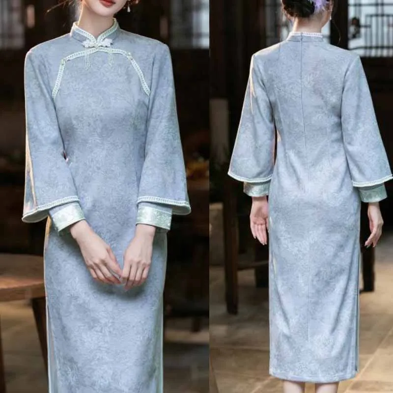 robe-cheongsam-chinoise-vintage-pour-femme-bleu-jacquard-floral-manches-longues-evasees-bordure-en-dentelle-col-mandarin-fente-laterale-qipao-vestidos