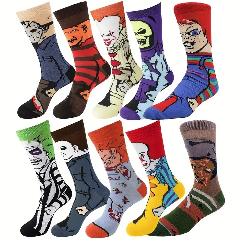 10 pairs Unisex Cartoon Pattern Skateboard Novelty Funny Crew Socks For Men Women