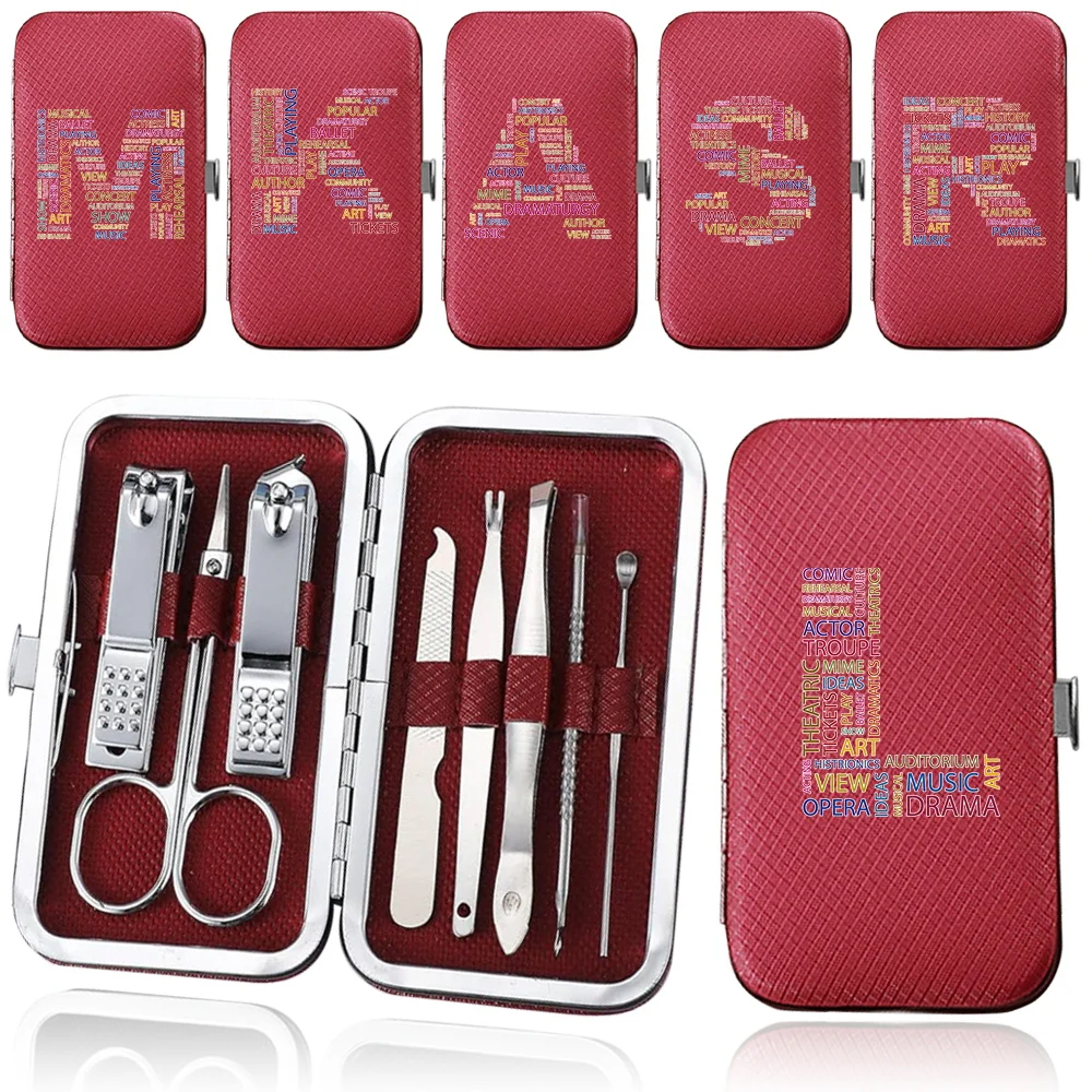 

8Pcs Manicure Cutters Set Stainless Steel Nail Clipper Organizer Pedicure Tools Kit Trimmer PU Portable Case Text Letter Pattern