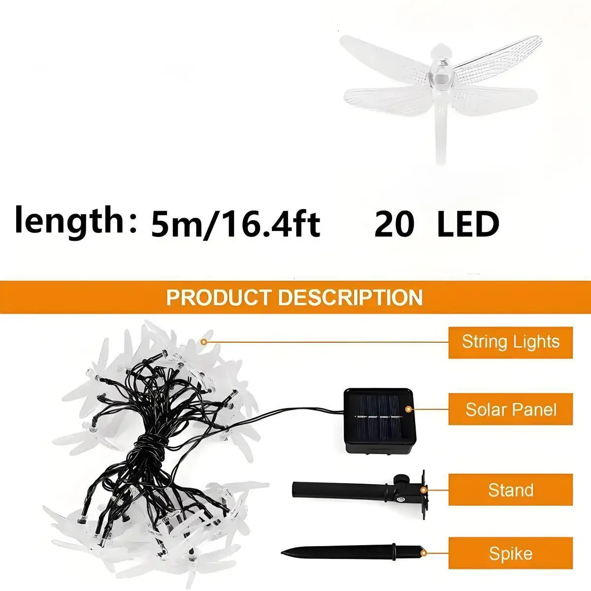 Led 태양열 잠자리 스트링 조명, 8가지 모드, 정원, 발코니, 나무 및 통로용 야외 장식 - 휴일 장식, 멀티 컬러, 버튼 제어 5M/16.4Ft 20Led 조명