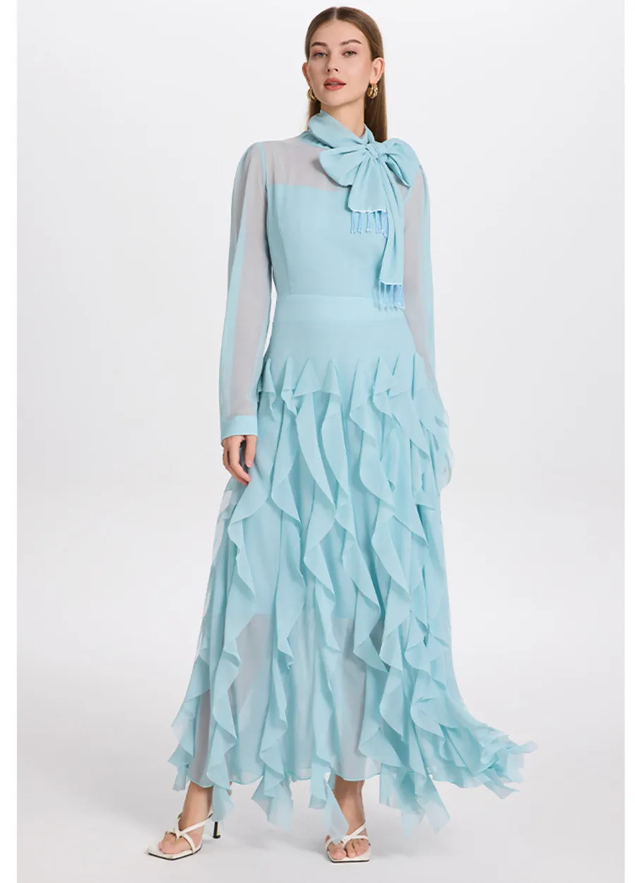 

Elegant Solid Scarf Collar With Rhinestone Fringe Chiffon Floor-length Dresses Women Layered Splice Lace-Up Slim Prom Party Dres
