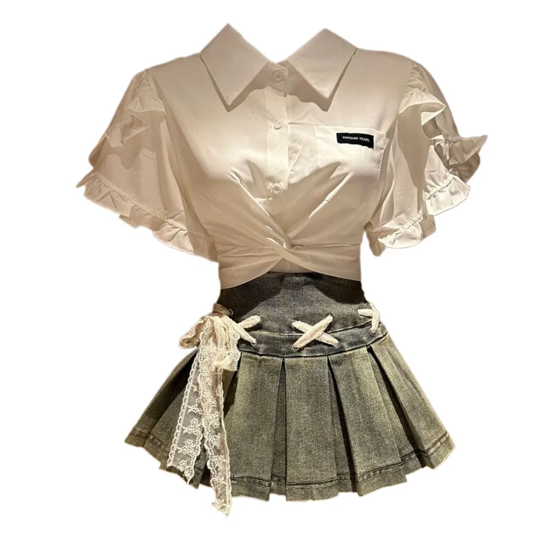 Summer Wear Complete Set of Korean Temperament Kink Short-sleeved Shirts Denim Skirts College Style Age-reducing Suits for Women