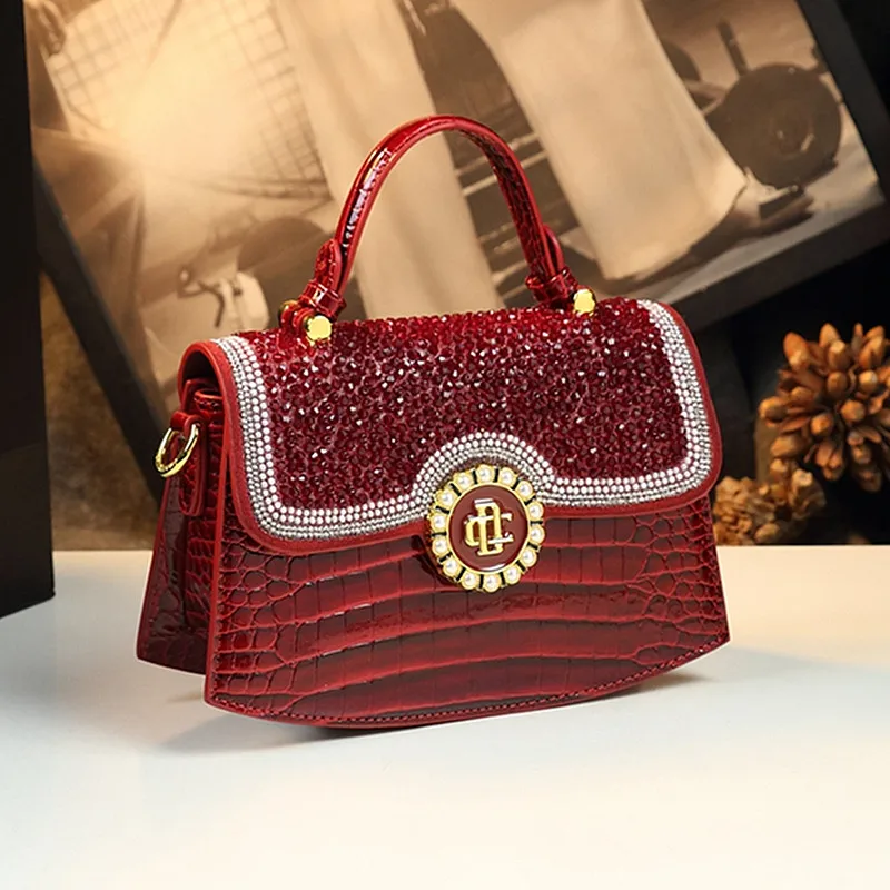 

Luxury Fashion Diamonds Women Handbag 2024 Red Genuine Leather Niche Small Shoulder Crossbody Bag Portable Messenger Saddle Bags