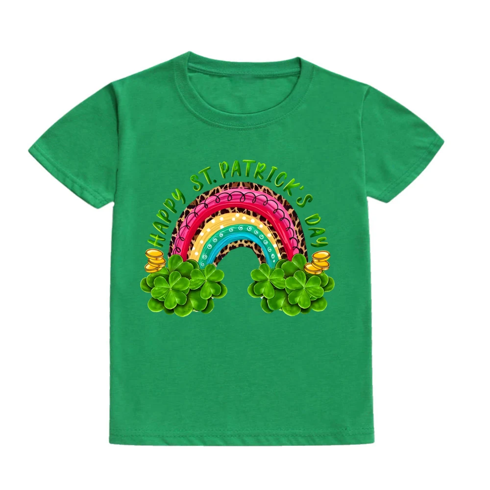 Feliz dia de São Patrício Crianças Camisetas Shamrock & arco-íris Gráficos Impressão Camiseta Top Manga Curta Tops Dia de São Patrício Menina Presente de Verão