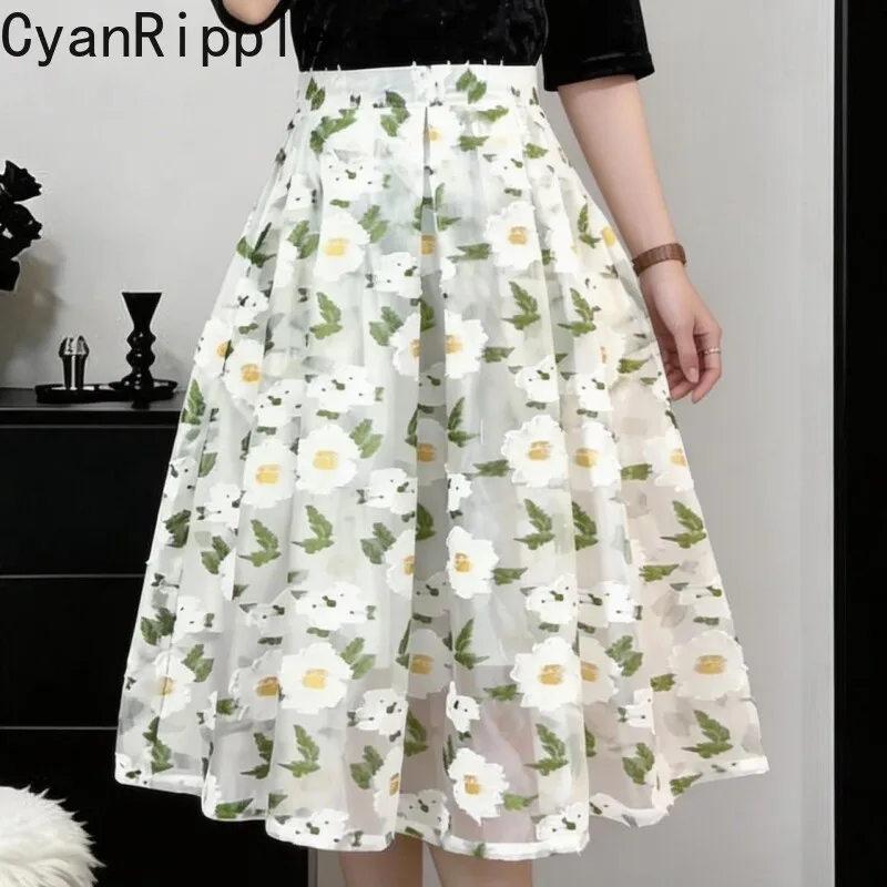 2026 New Spring Summer Small Fresh Camellia Jacquard Organza Mid-long A-line Skirt Elegant High Waist Casual Knee-length Skirts
