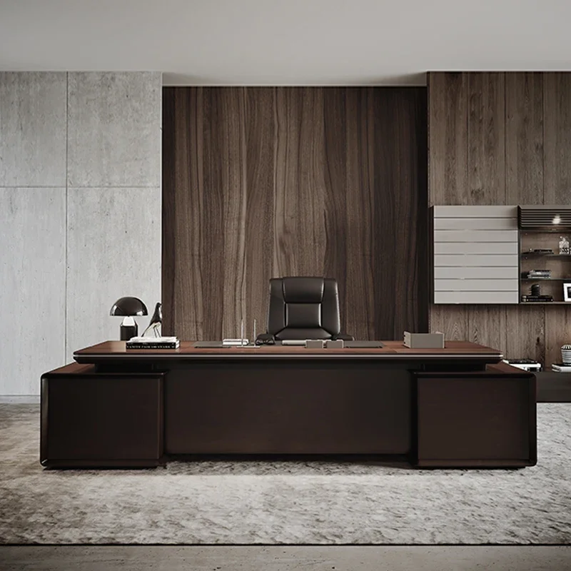 Solid Wood Leather Boss's Office Desk General Manager's Office Chairman's Desk and Chair Combination President's Desk