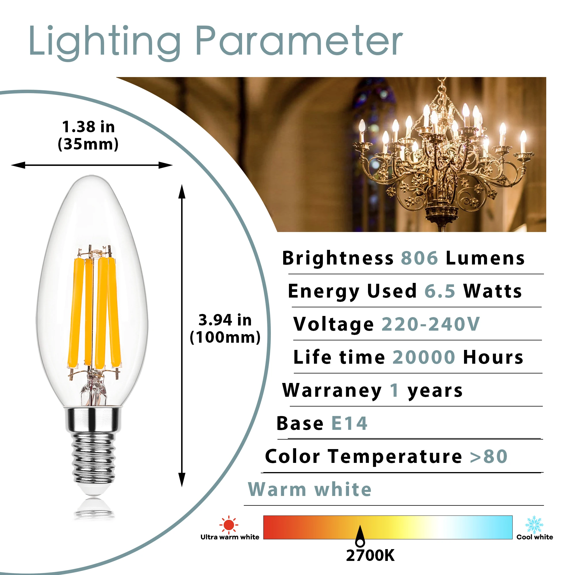 C35 6.5W Dimmable Chandelier LED Light Bulbs E14 Candelabra Base 806Lumen Vintage Candle Bulb Replaces 60Watt Incandescent Bulb