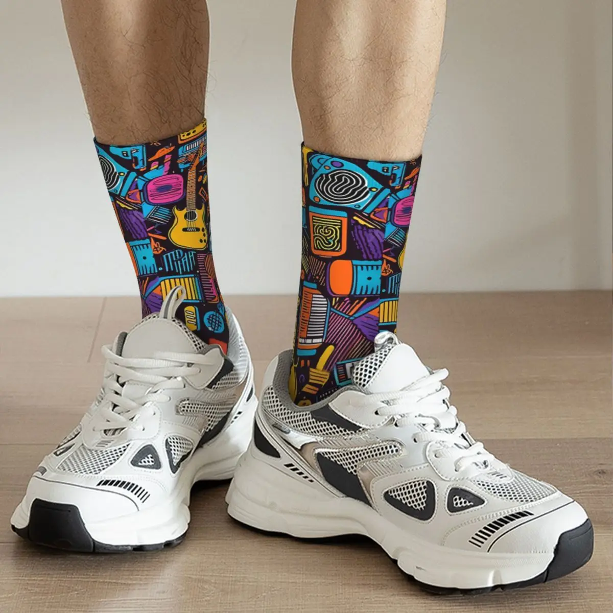 Múltiplos instrumentos musicais masculino Retro Rock and Roll Socks, padrão de presente Crazy Crew Sock impresso, estilo rua