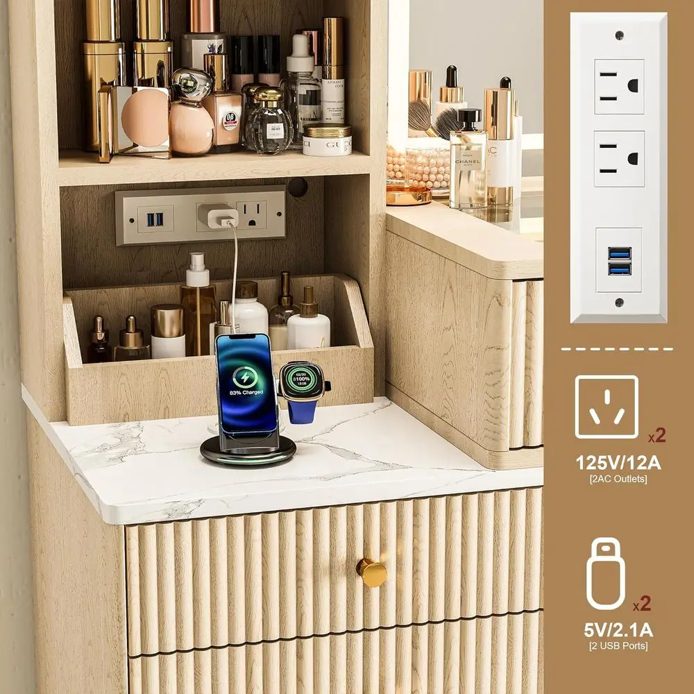 Bureau de maquillage en chêne avec 32 miroirs lumineux, plateau en verre, 3 lumières, design incurvé, 5 tiroirs, ensemble de coiffeuse de chambre moderne