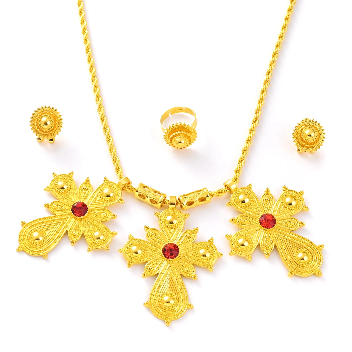 Saudi Arabia Classical Ethiopian Gold Plated Bridal Jewelry Sets Necklace Earrings Ring Gifts Wedding Jewellery Set For Women
