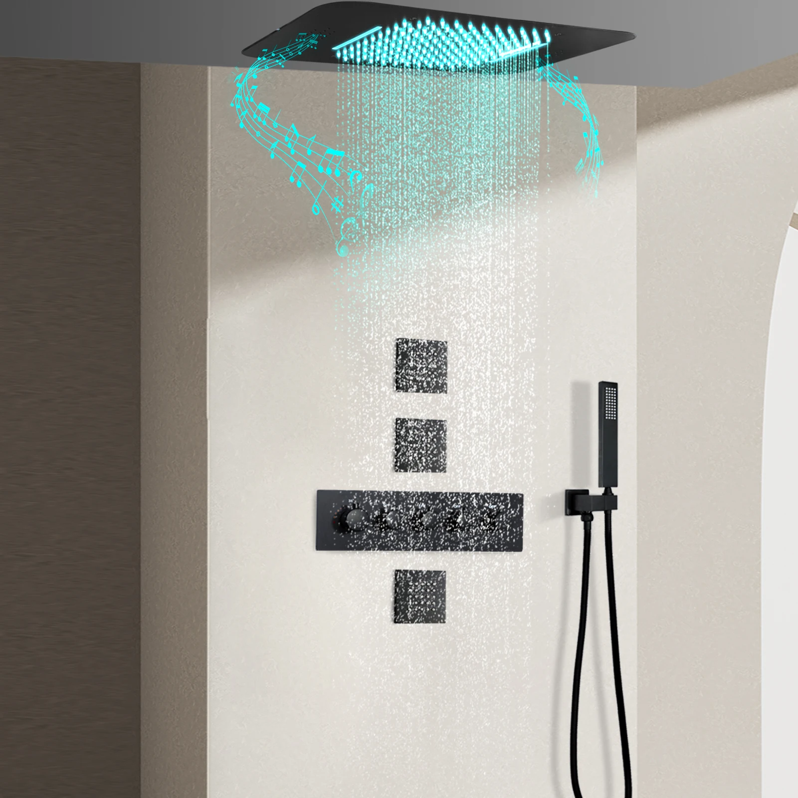 Black Music Multifunctional Bathtub Thermostat Faucet LED Shower Set with Hand Shower