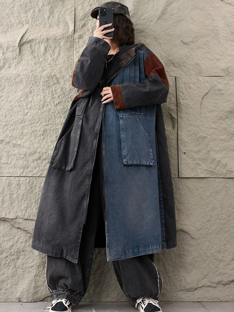 Amax LuluE Brand Fall Ladies Casual Oversized Hooded Vintage Denim Trench Women Classic Loose Long Clothes Fashion Windbreakers