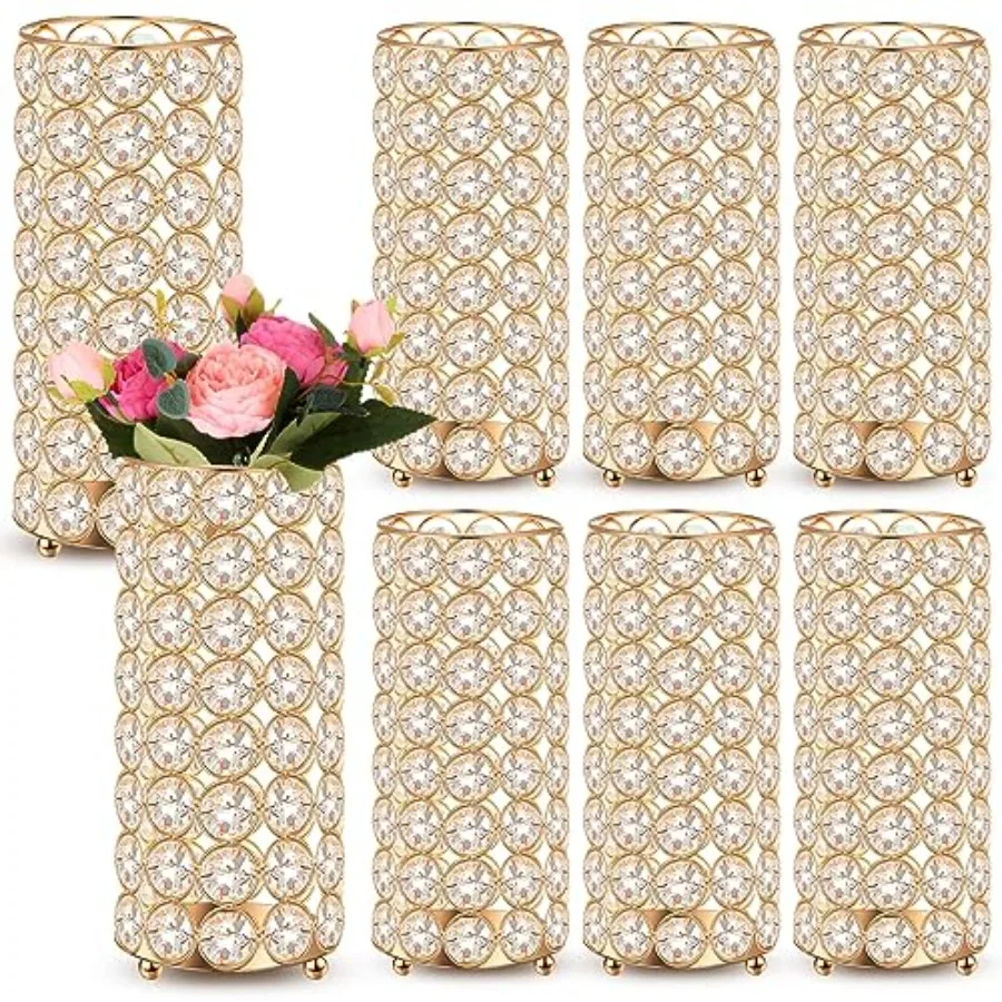 

8 Pcs Crystal Flower Vase for Wedding Table Centerpieces 7.87 in Crystal Pillar Candle Holder Metal Cylinder Flower Vase Stand