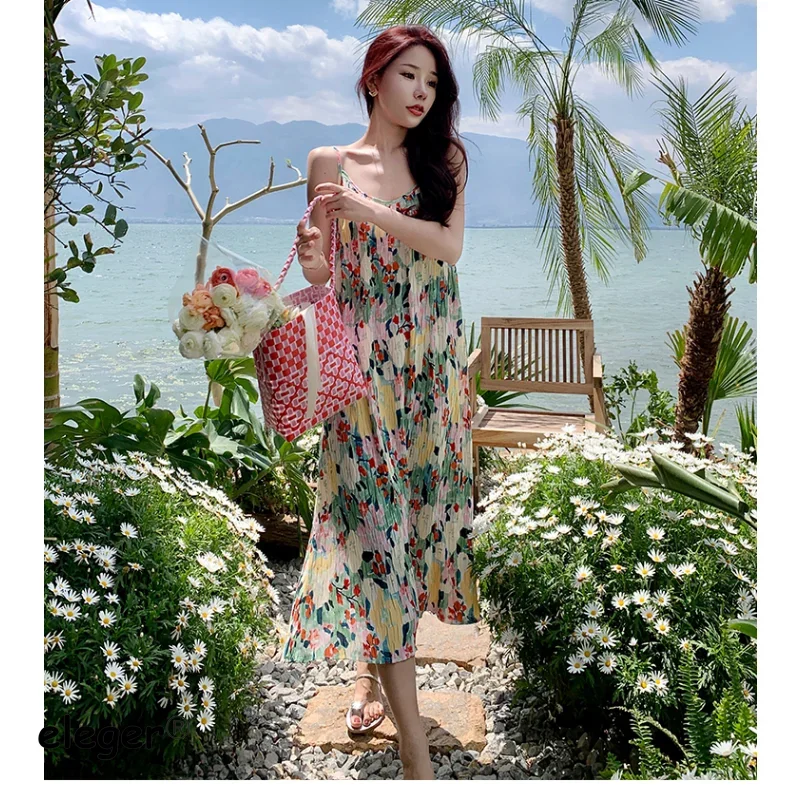 2024 New Summer Women\'s Vacation Beach Dress Korean Midi Long Elegant Gentle Girl Simple Bohemian Casual Vintage Style Dresses