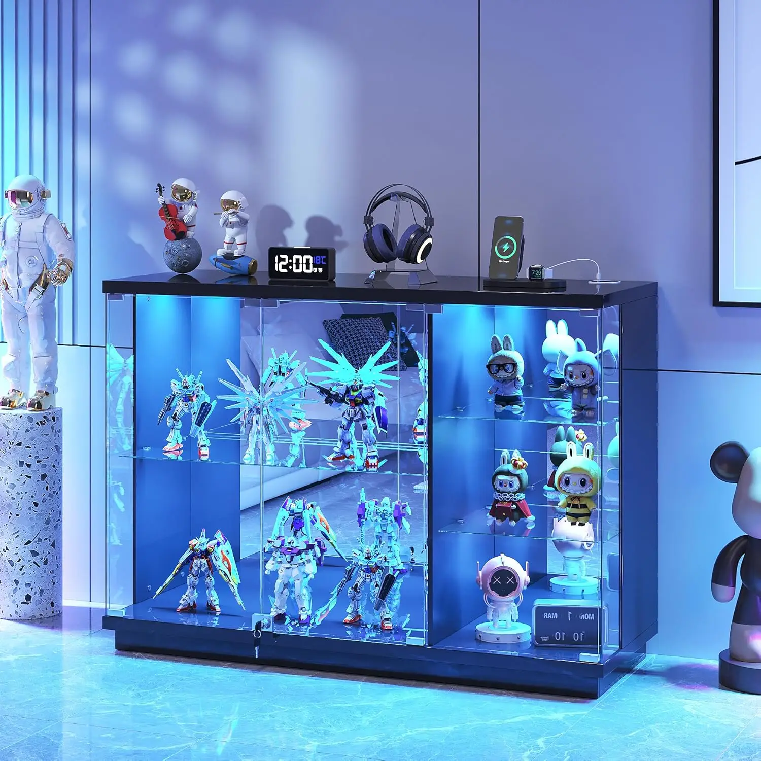 #Glass Display Cabinet Lock Sensor Shelves Toys Collectibles Living Room
