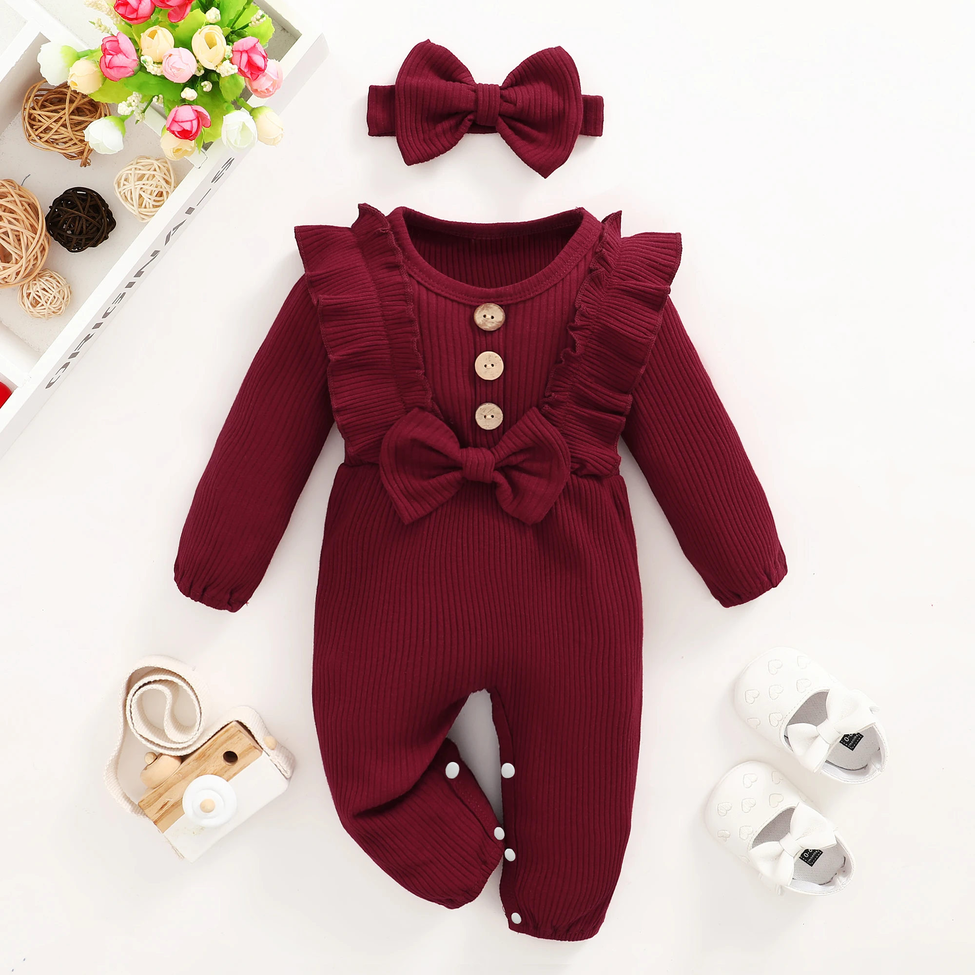 Baby girl Clothing Solid Color Ruffled Ribbed Long sleeved Jumpsuit 0-18 Months old Baby Girl Spring and Autumn Crawling Suit